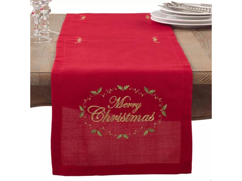 Picture of Saro Lifestyle 0141.R14120B 90 x 14 in. Merry Christmas Oblong Embroidered Design Table Runner, Red