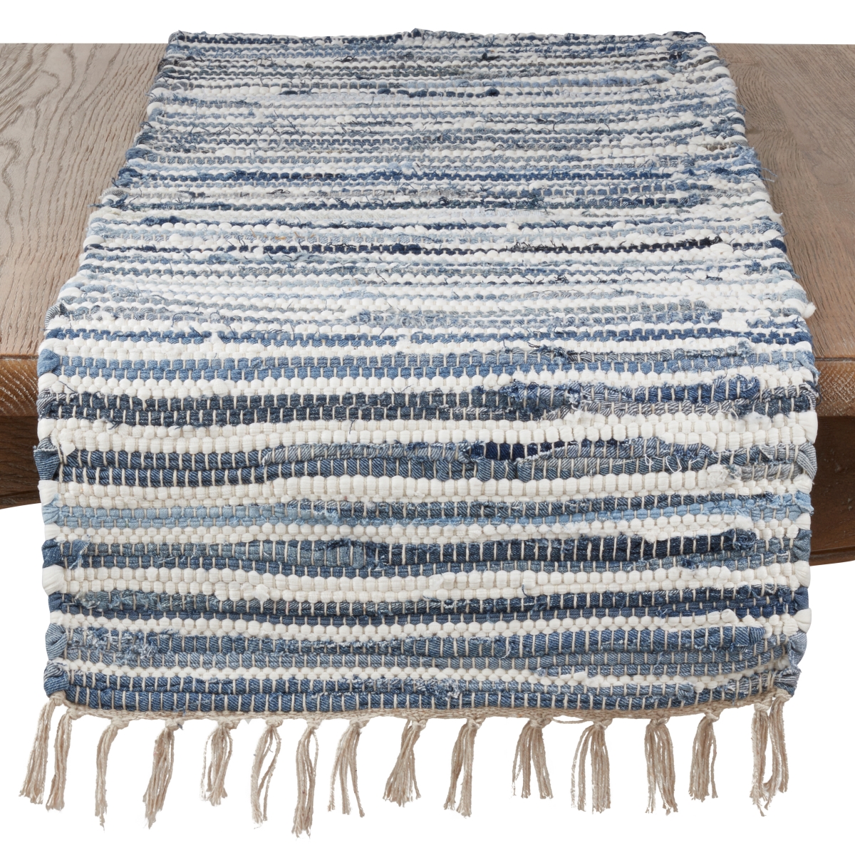 Picture of SARO 4873.DN1672B 16 x 72 in. Rectangular Striped Denim Chindi Dining Table Runner - Denim