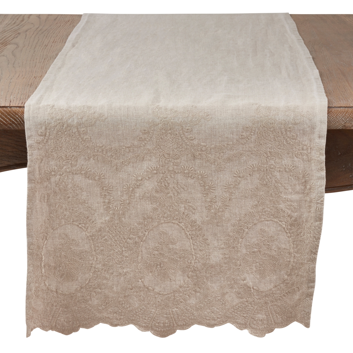 SARO  16 x 72 in. Rectangular Stonewashed Table Runner with Embroidered Design - Natural