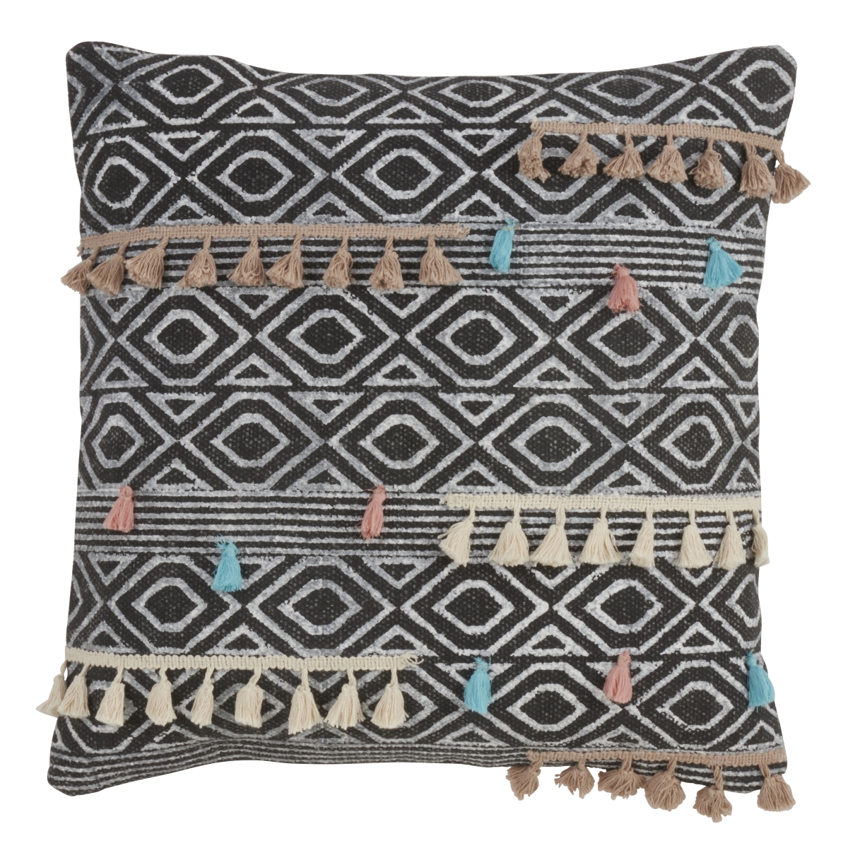 SARO  18 in. Square Geometric Print Down Filled Throw Pillow with Tassels - Multi Color