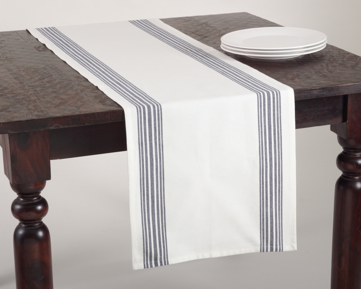 SARO  16 x 72 in. Rectangular Striped Design Table Runner - Navy Blue