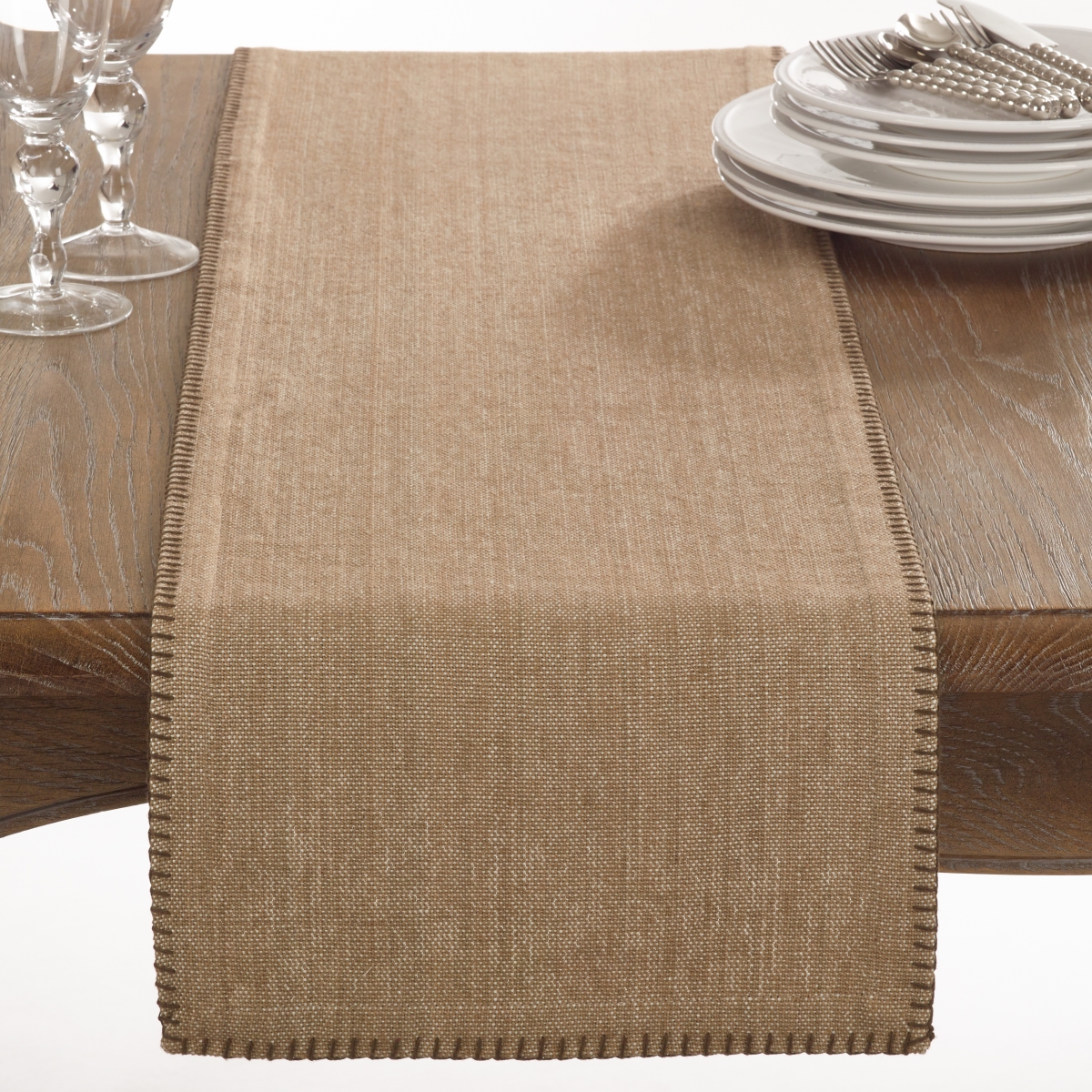Picture of SARO 793.N1372B 13 x 72 in. Rectangular Celena Collection Whip Stitched Design Cotton Table Runner - Natural