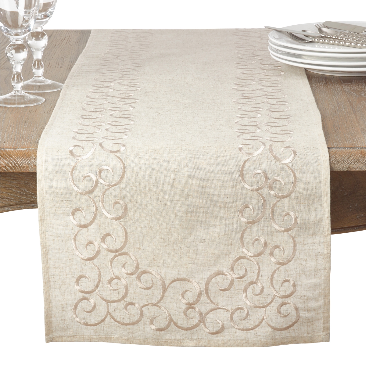 Picture of SARO 493.N1672B 16 x 72 in. Rectangular Embroidered Swirl Design Linen Blend Table Runner - Natural