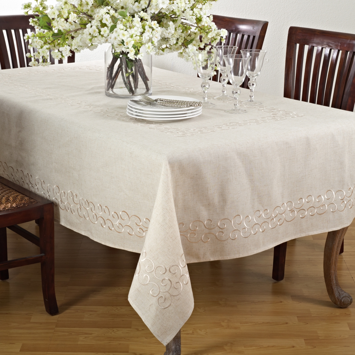 Picture of SARO 493.N67104B 67 x 104 in. Rectangular Embroidered Swirl Design Linen Blend Tablecloth - Natural