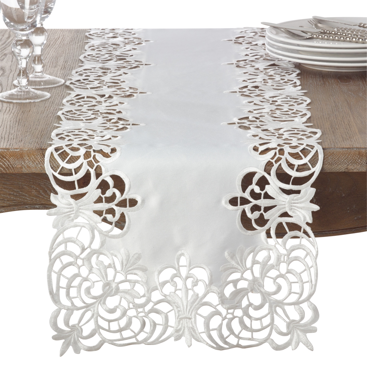 Picture of SARO 114.I1672B 16 x 72 in. Rectangular Elegant Style Motif Embroidered Cutwork Design Table Runner - Ivory
