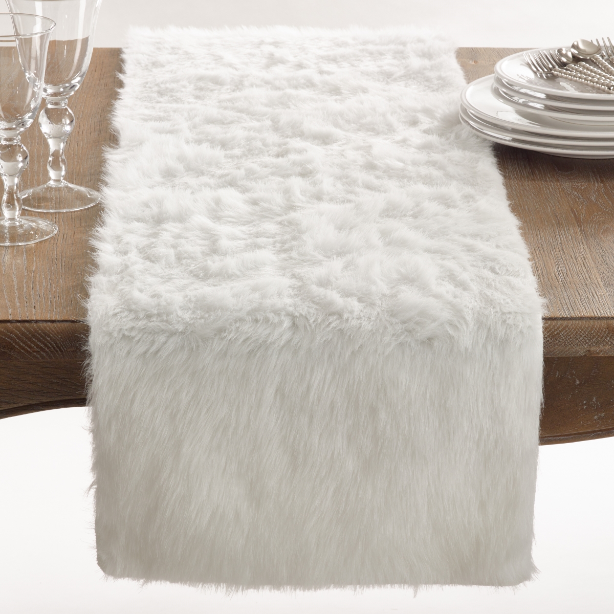 SARO  15 x 72 in. Juneau Rectangle Faux Fur Table Runner  White