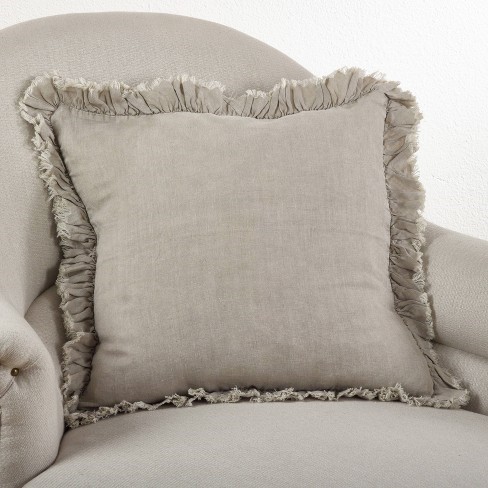 SARO  20 in. Square Ruffled Design Pillow with Down Filled  Natural