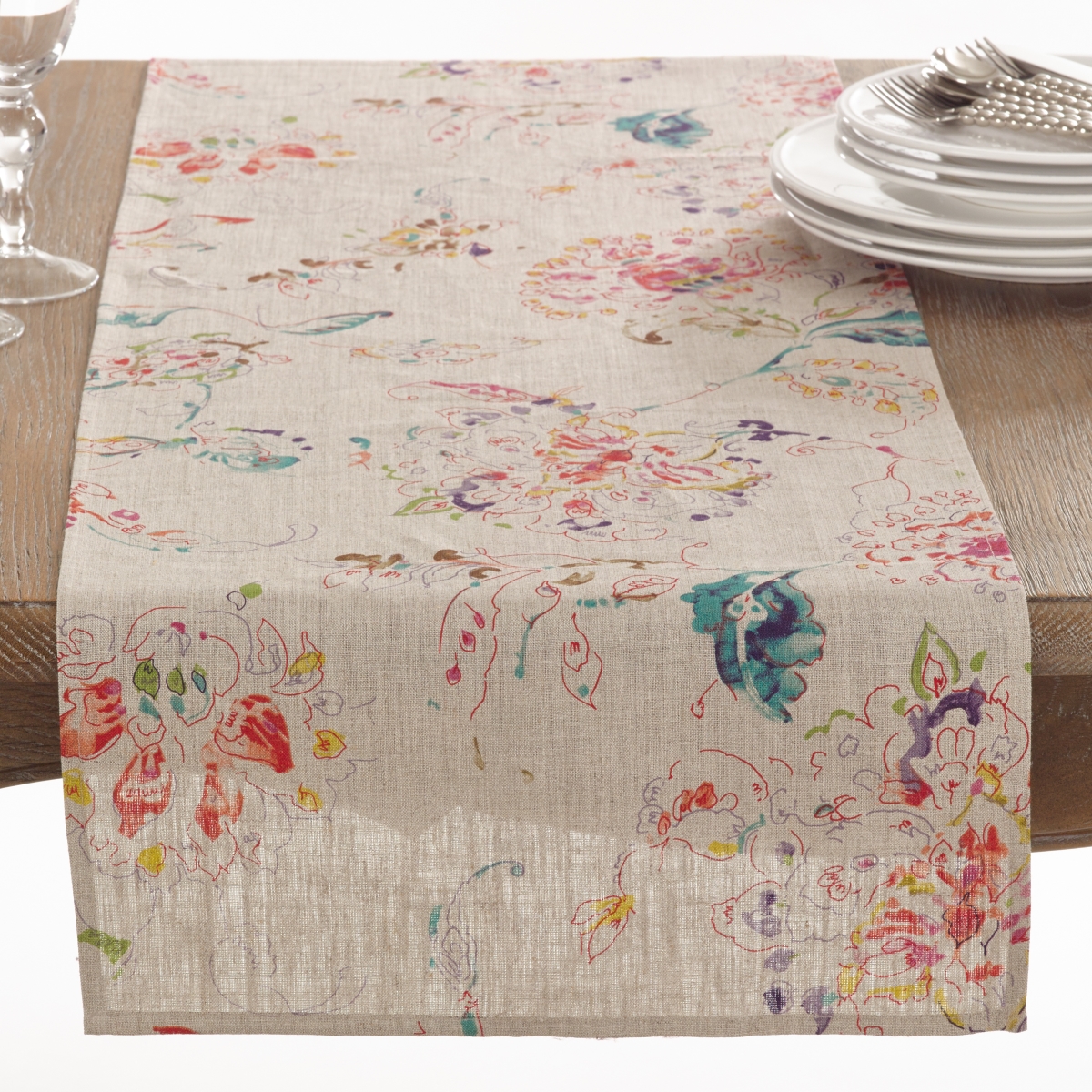 Picture of SARO 13010.N1672B 16 x 72 in. Rectangle Primavera Swirled Spectrum Linen Table Runner  Natural