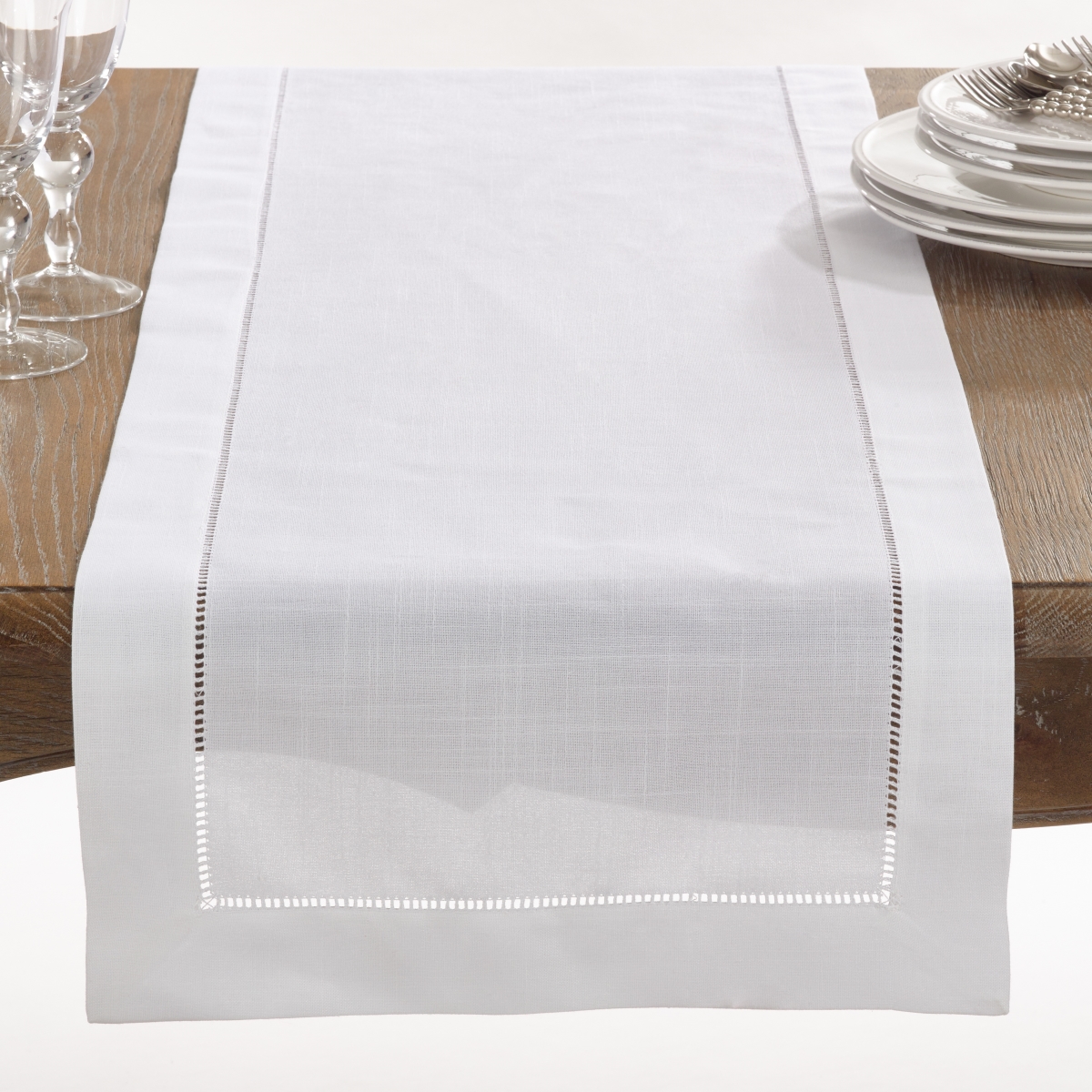 Picture of SARO 6300.W1690B 16 x 90 in. Rectangle Classic Hemstitch Border Table Runner  White
