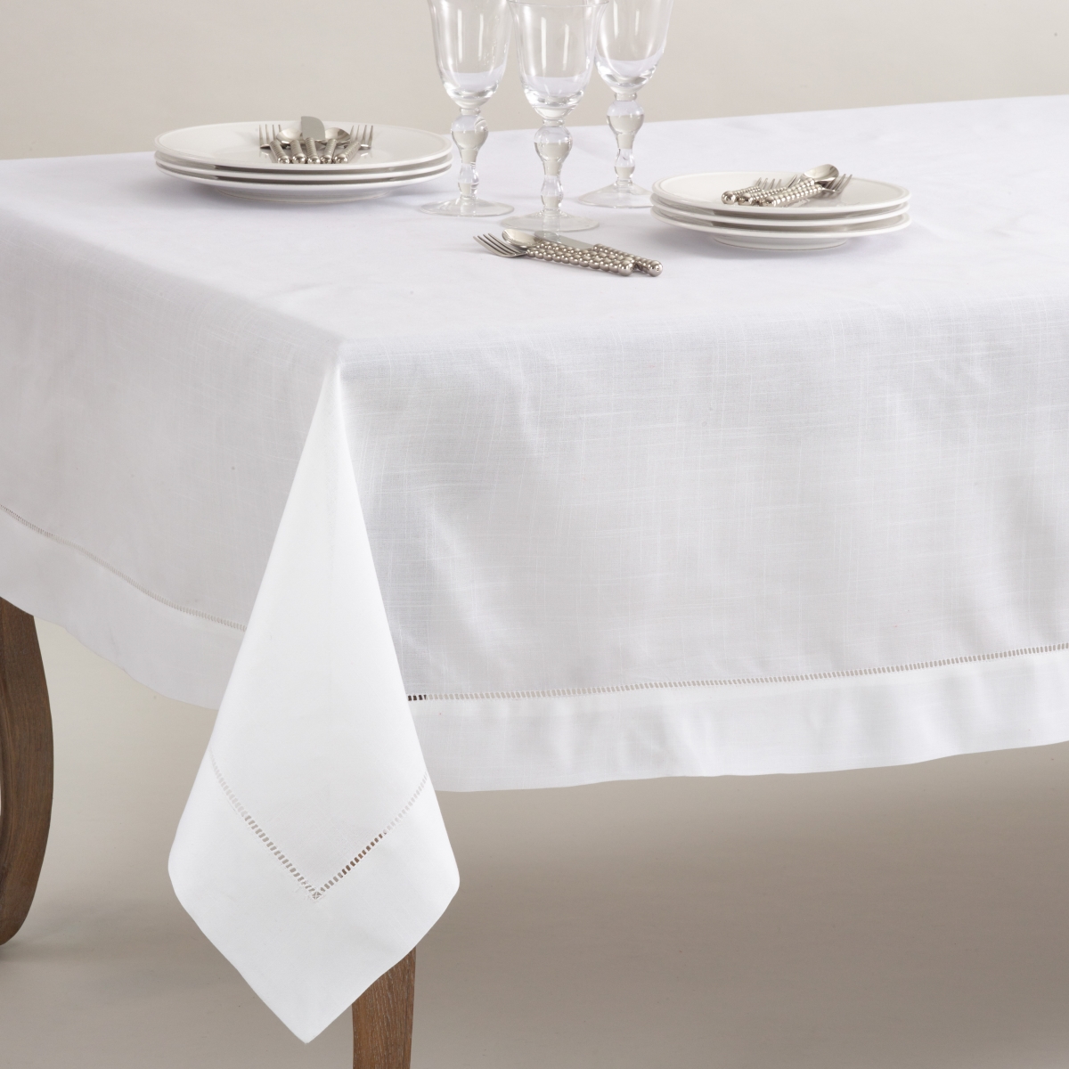 Picture of SARO 6300.W70180B 70 x 180 in. Rectangle Classic Hemstitch Border Tablecloth  White
