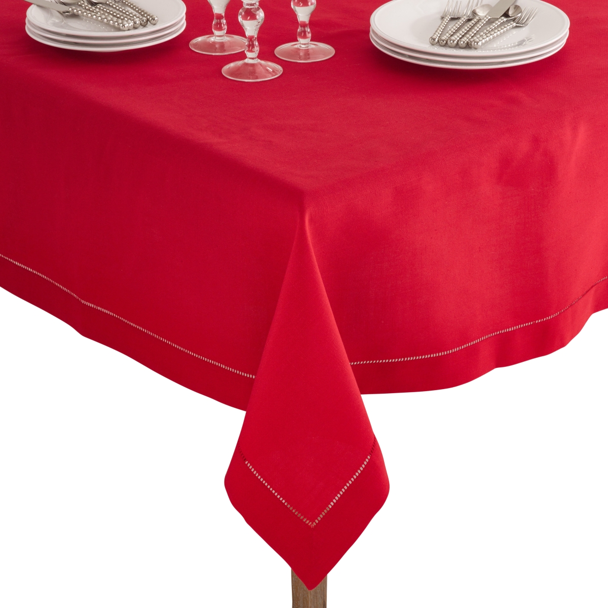Picture of SARO 6301.R60S 60 in. Square Classic Hemstitch Border Tablecloth  Red
