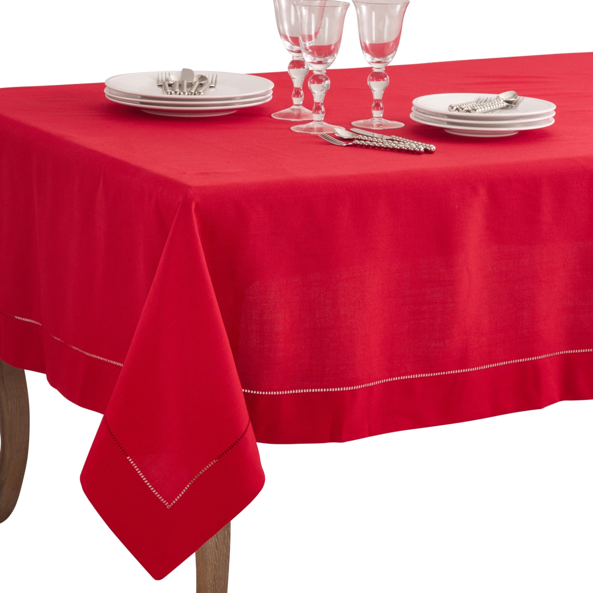 Picture of SARO 6301.R70104B 70 x 104 in. Rectangle Classic Hemstitch Border Tablecloth  Red