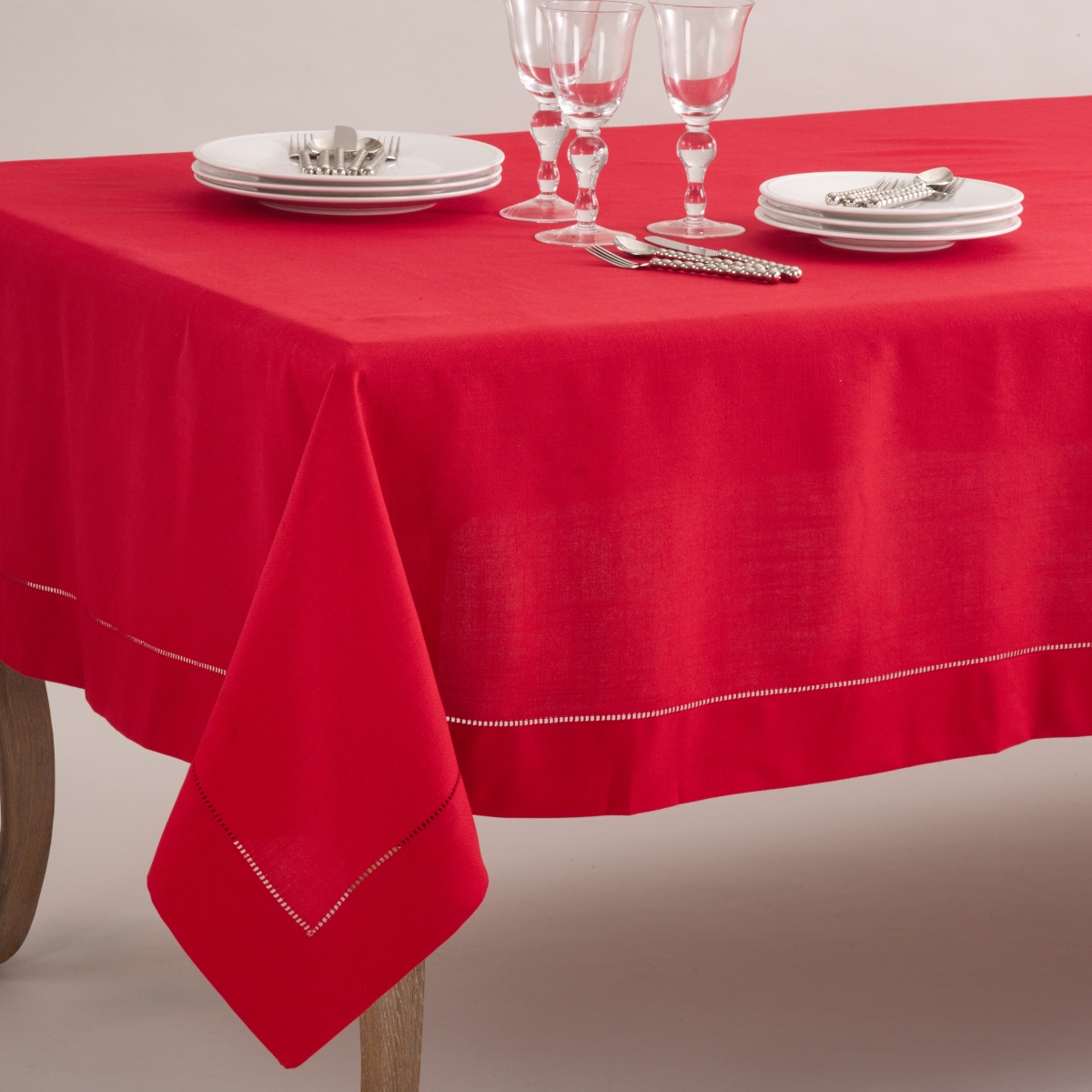 Picture of SARO 6301.R70120B 70 x 120 in. Rectangle Classic Hemstitch Border Tablecloth  Red