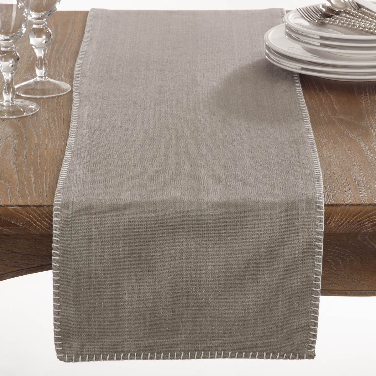 Picture of SARO 793.GY1372B 13 x 72 in. Rectangle Celena Whip Stitched Design Cotton Table Runner  Grey