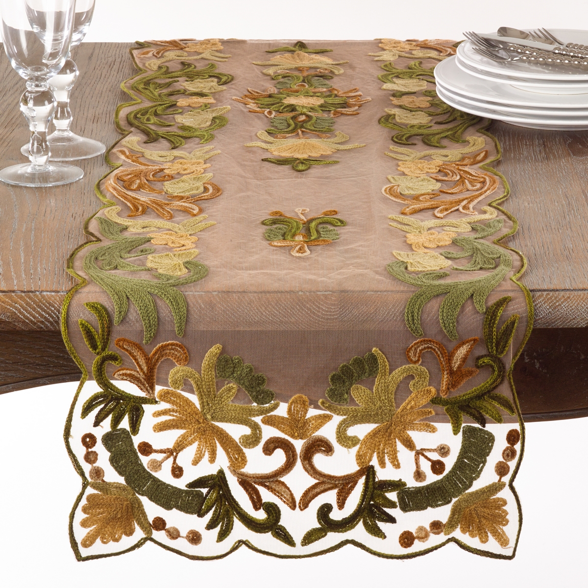 SARO  16 x 72 in. Rectangle Embroidered Flourishes Table Runner  Green