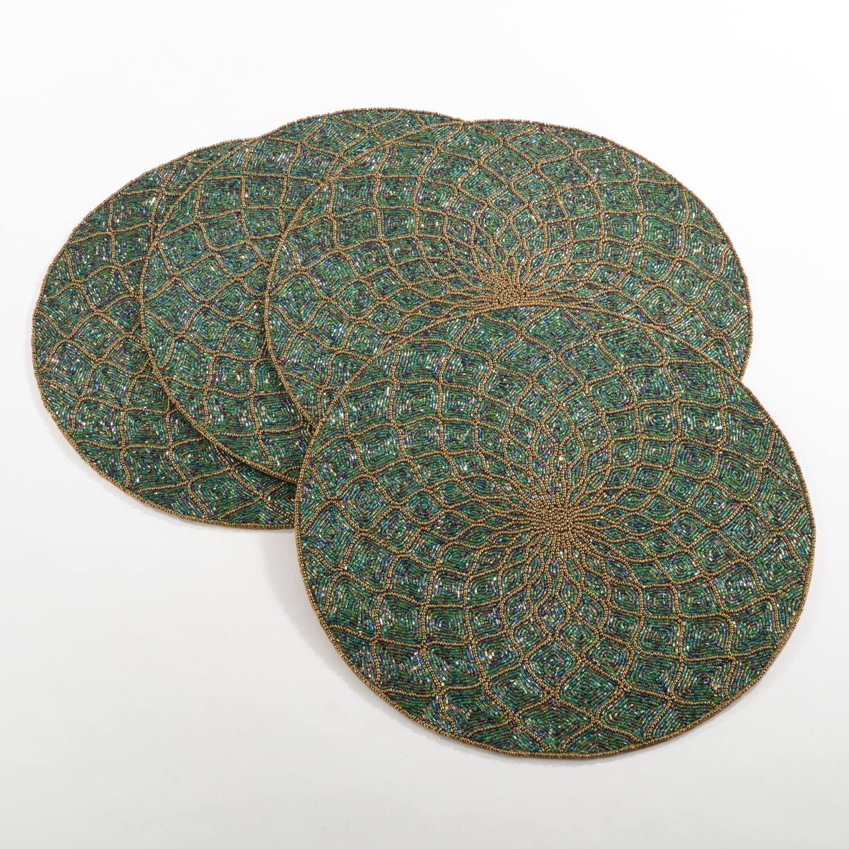 SARO 152.TE15R 15 in. Round Beaded Design Placemat  Teal - Set of 4