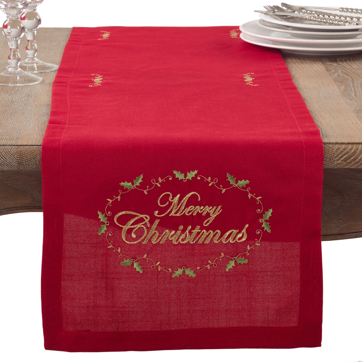 Picture of SARO 0141.R1472B Merry Christmas Embroidered Holly Design Table Runner - Red