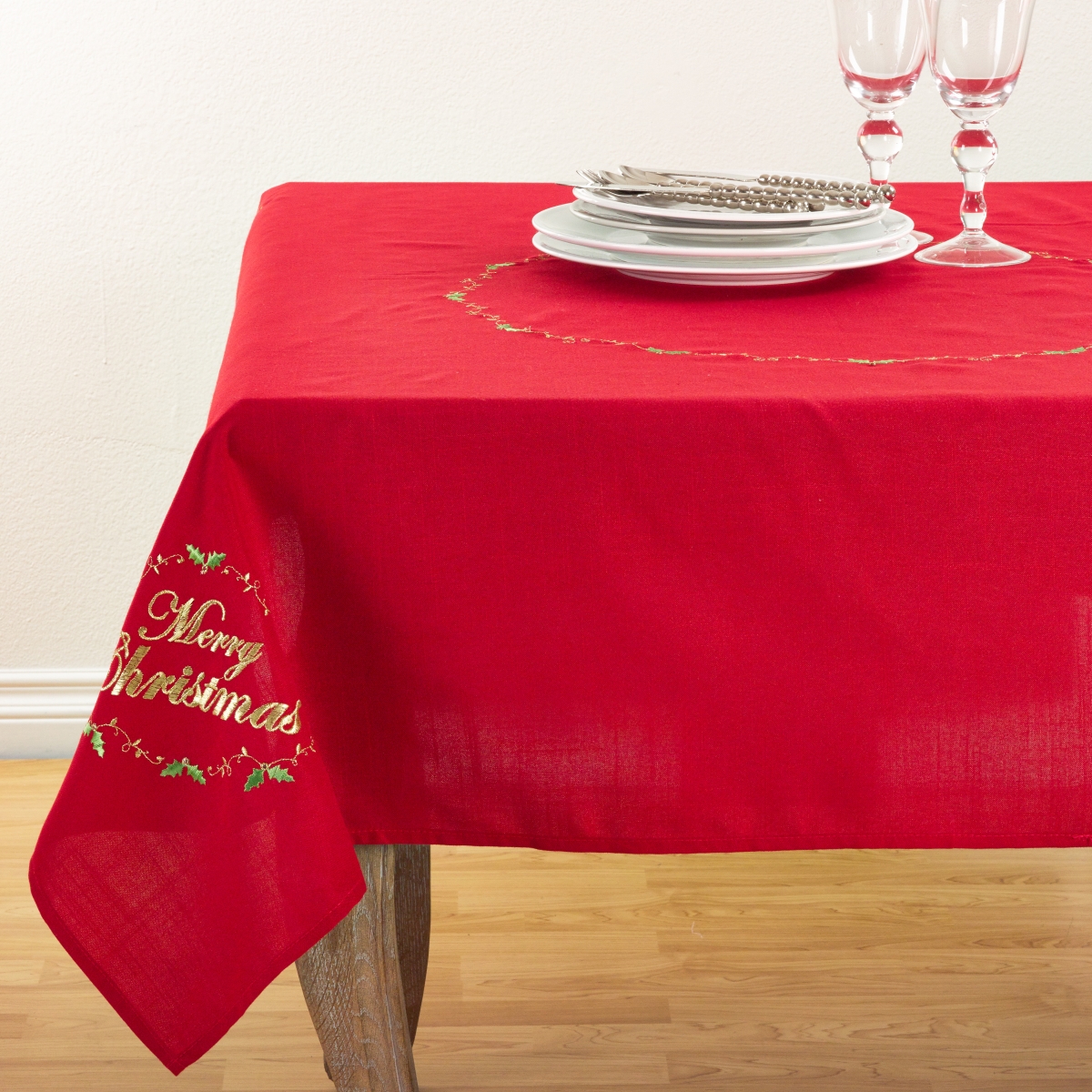 Picture of SARO 0141.R54S Merry Christmas Embroidered Design Holiday Tablecloth - Red