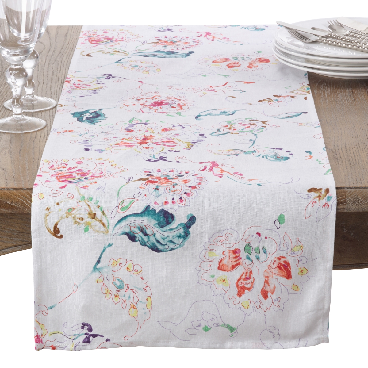 Picture of SARO 13010.W1672B 16 x 72 in. Rectangle Primavera Swirled Spectrum Linen Table Runner  White