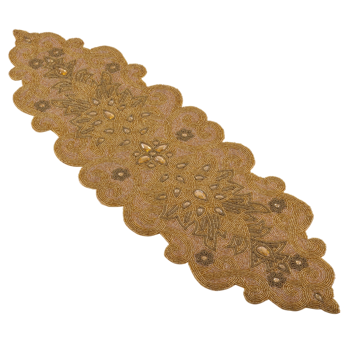 SARO  Beaded Jeweled Scroll Motif Table Runner - Gold - 12in. x 38in.