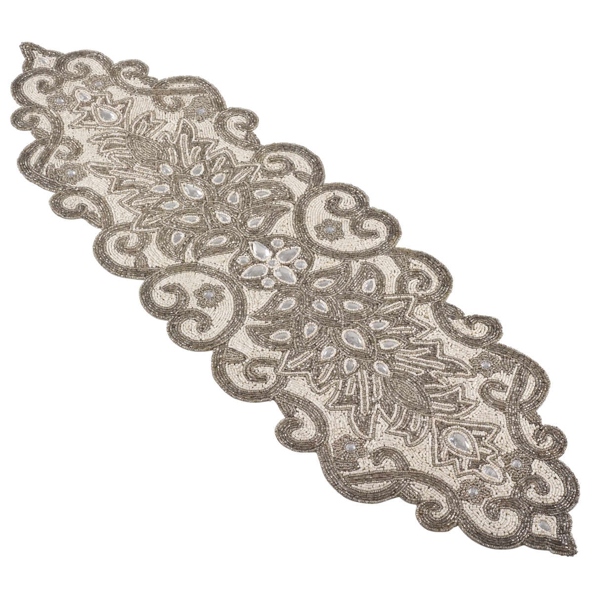 Beaded Jeweled Scroll Motif Elegant Glam Design Table Runner - Silver
