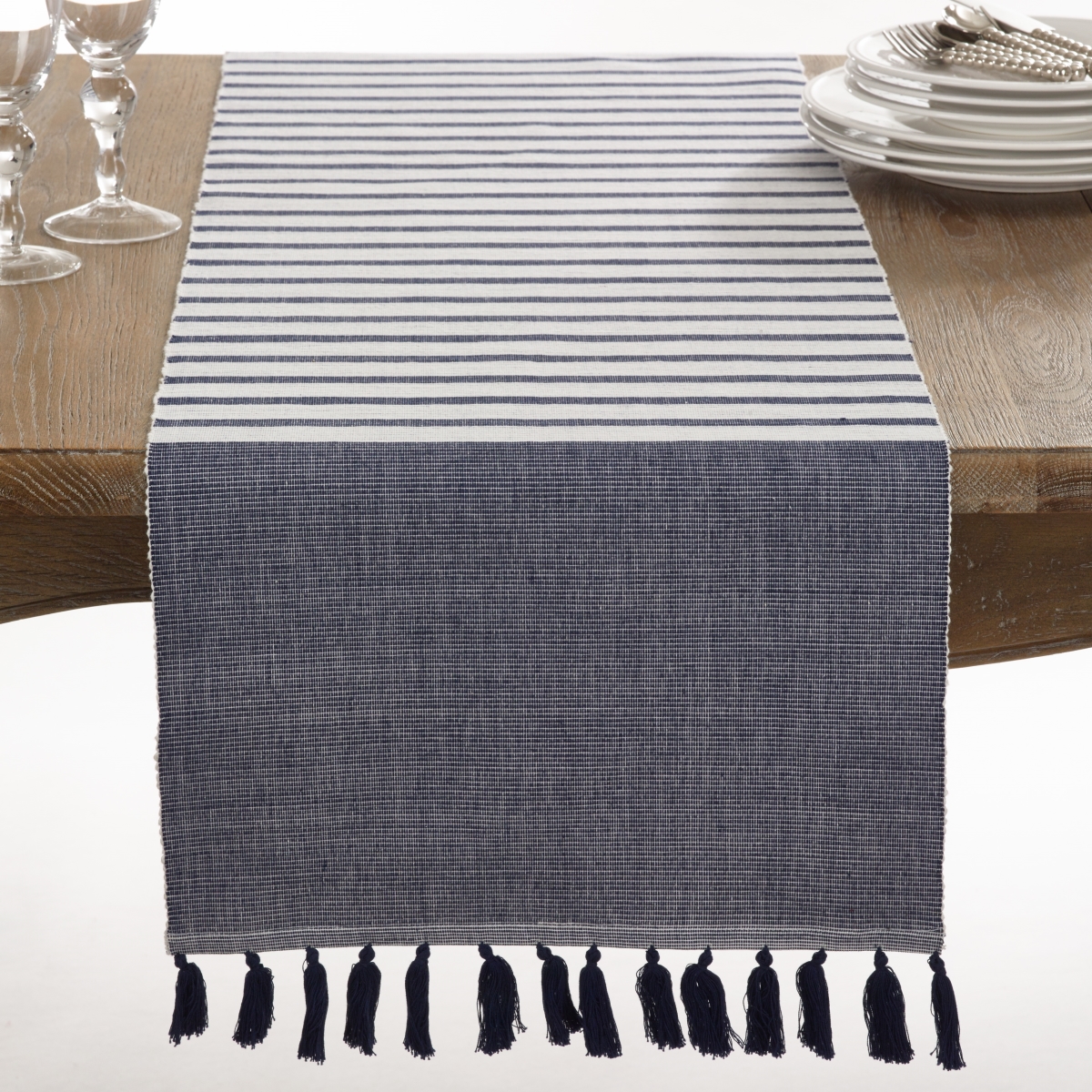 SARO  16 x 72 in. Rectangle Bellaria Ribbed Tassel Design Reversible Table Runner