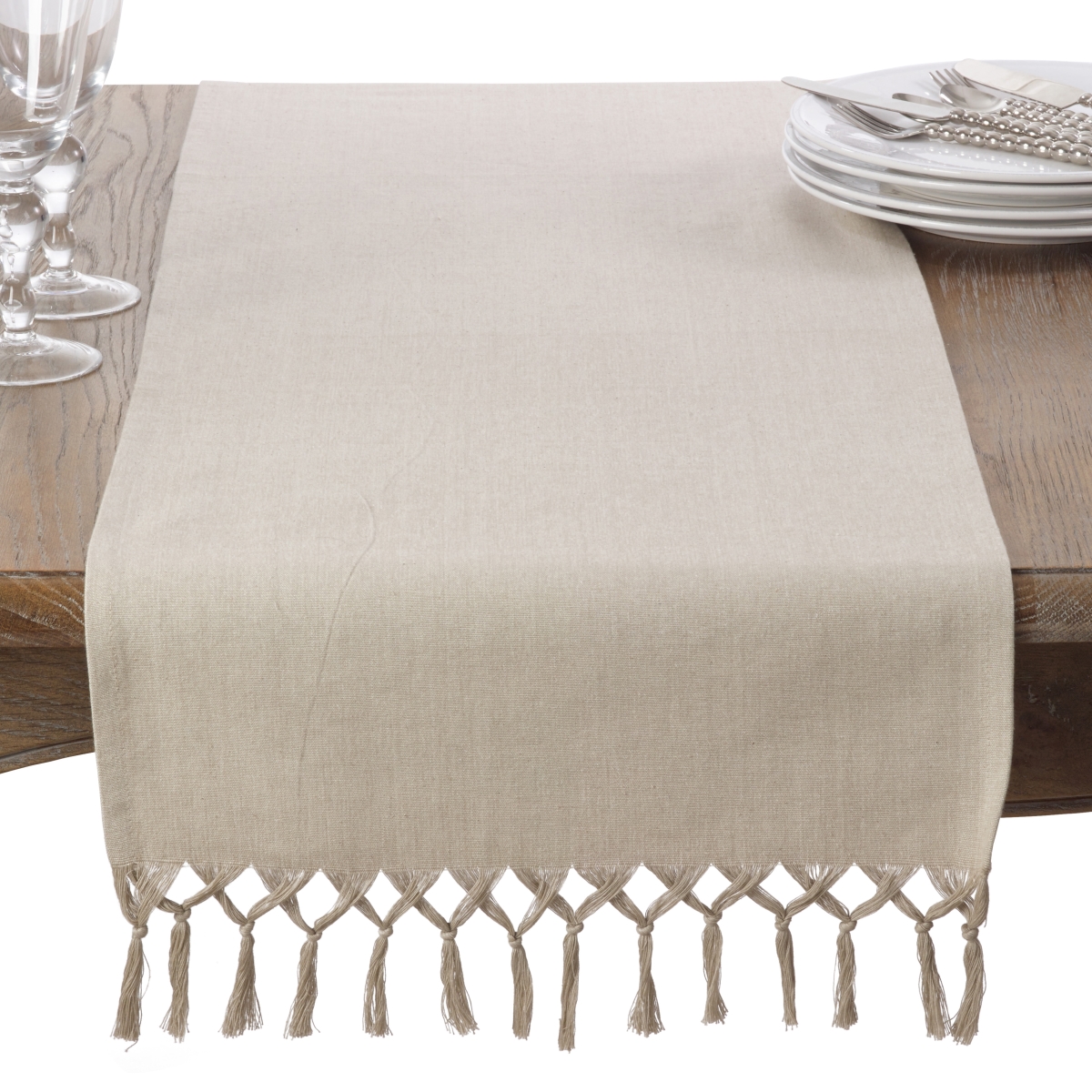 SARO  16 x 72 in. Rectangle Bellaria Knotted Tassel Design Table Runner  Natural
