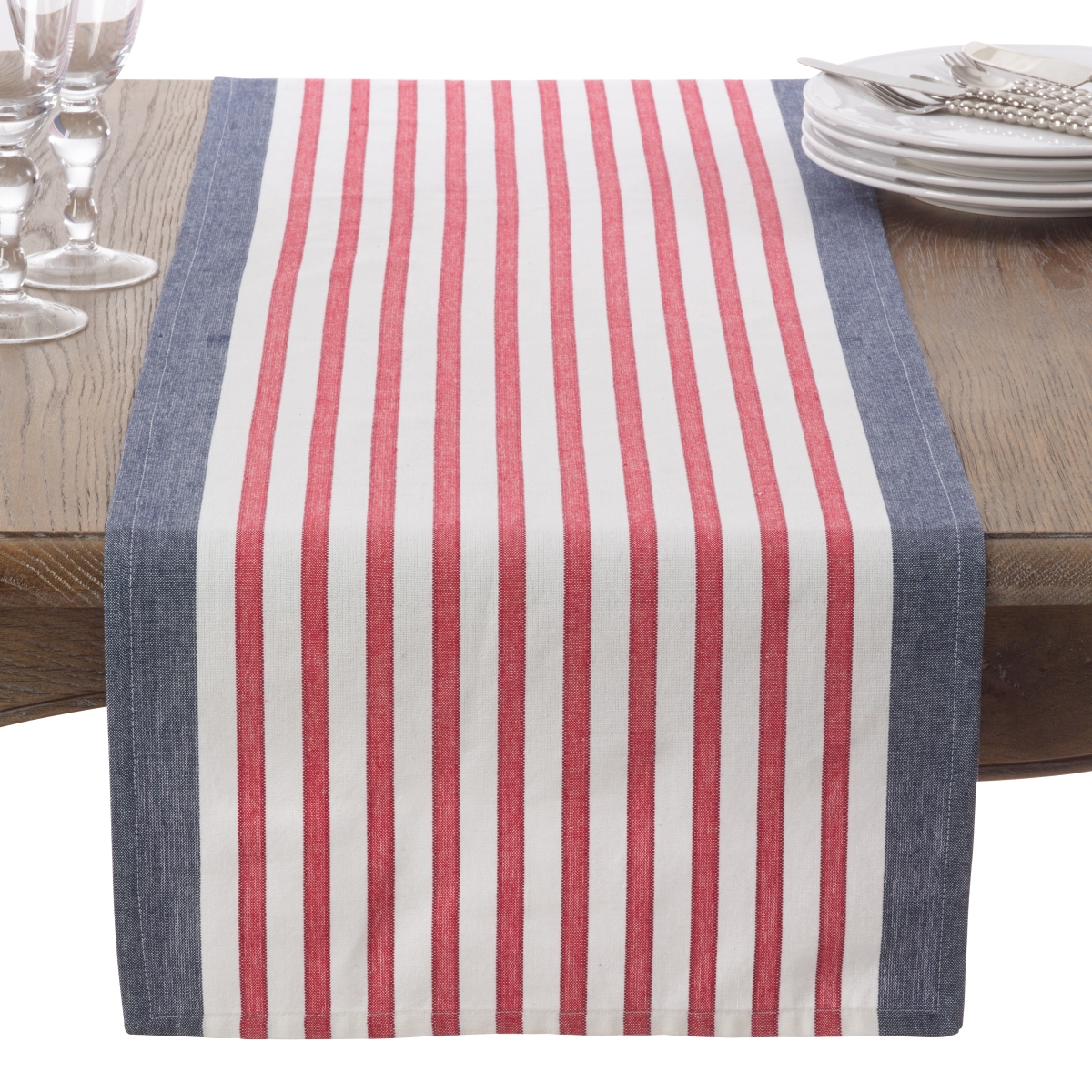 Picture of SARO 8027.NB1672B 16 x 72 in. Rectangle American Flag USA Red White &amp; Blue Stripe Cotton Table Runner  Navy Blue