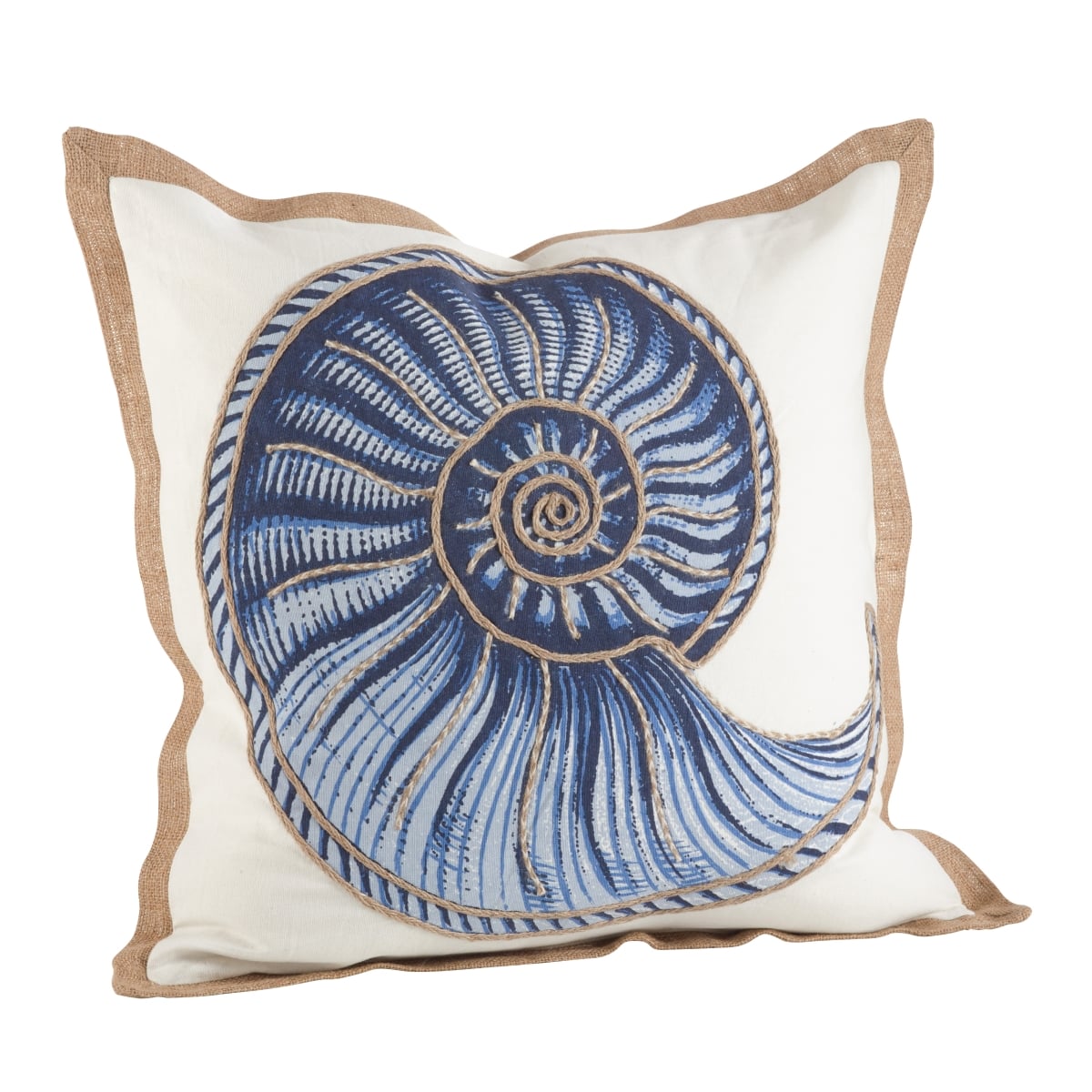 SARO  20 in. Square Nautilus Spiral Shell Print Cotton Down Filled Throw Pillow  Navy Blue