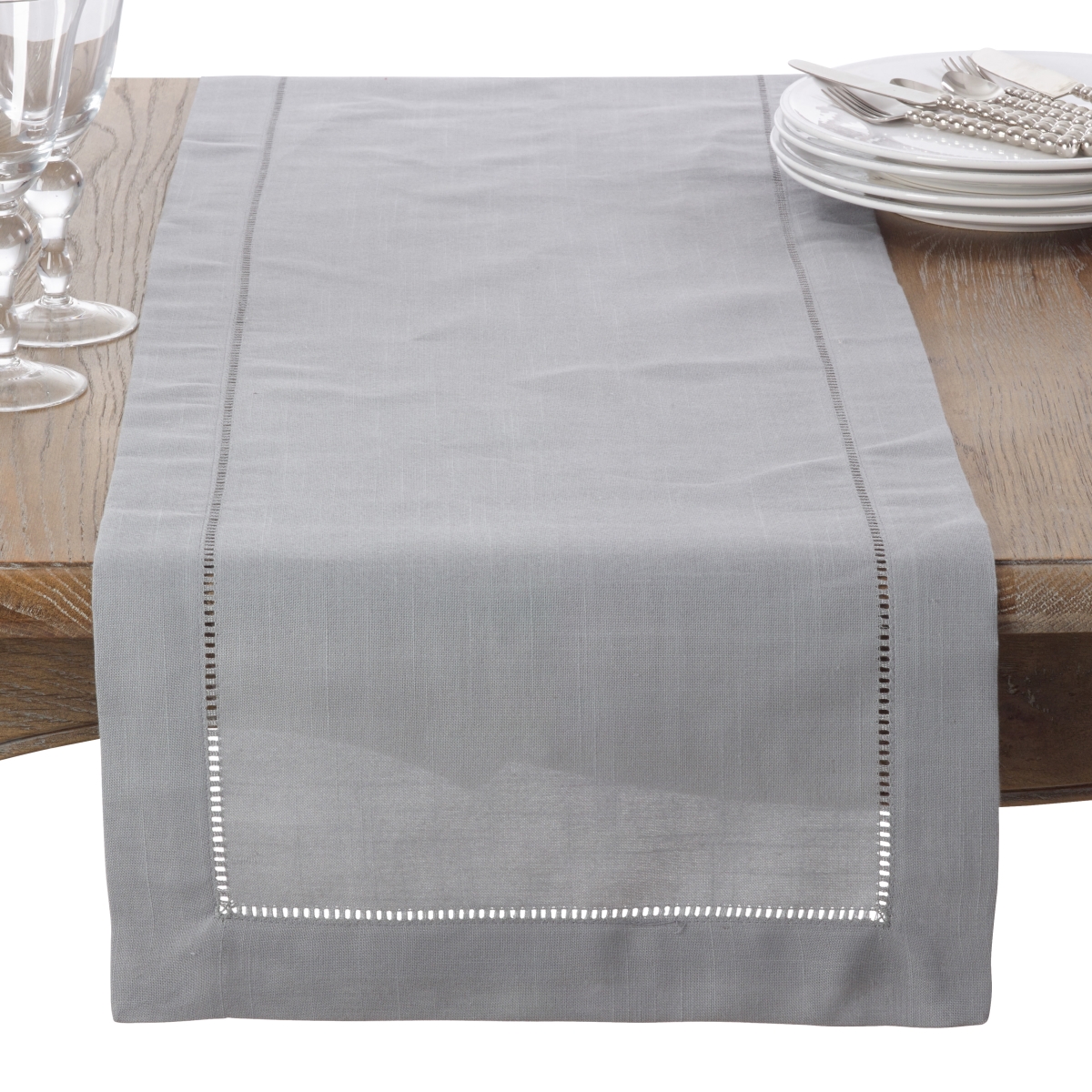 Picture of SARO 6302.GY1672B 16 x 72 in. Rectangle Classic Hemstitch Border Table Runner  Grey