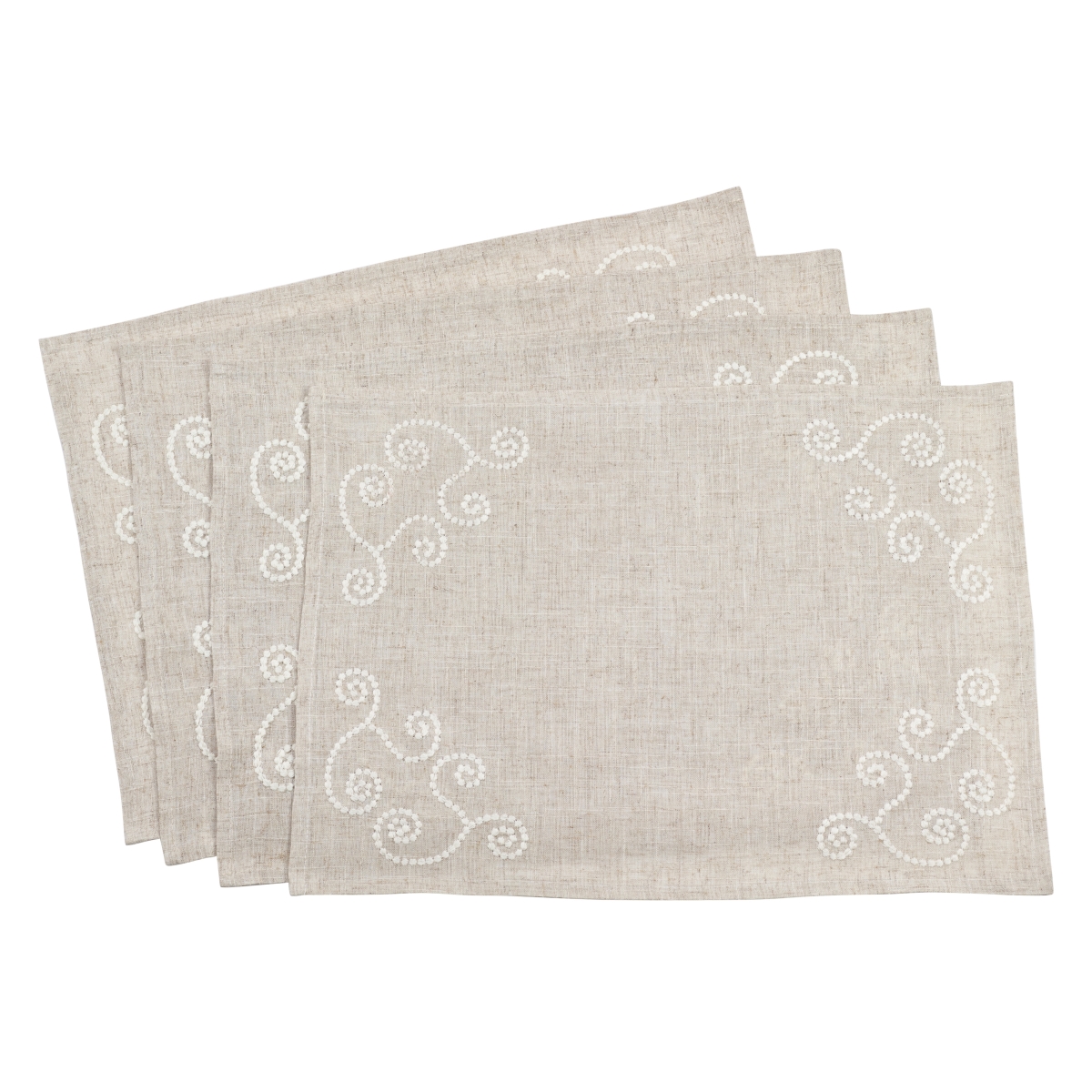 Picture of SARO 001.N1420B Embroidered Swirl Design Casual Natural Linen Blend Placemat  Natural - Set of 4