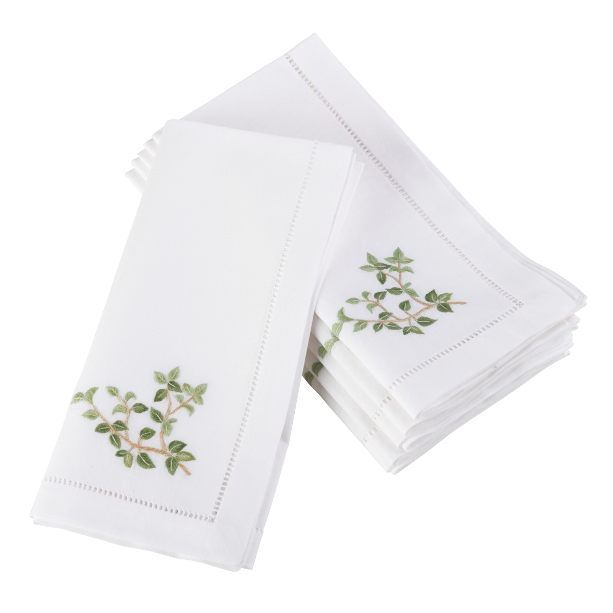 Picture of SARO NM102.W20S 20 in. Square Embroidered Oregano Design Hemstitched Border Cotton Napkin  White - Set of 6