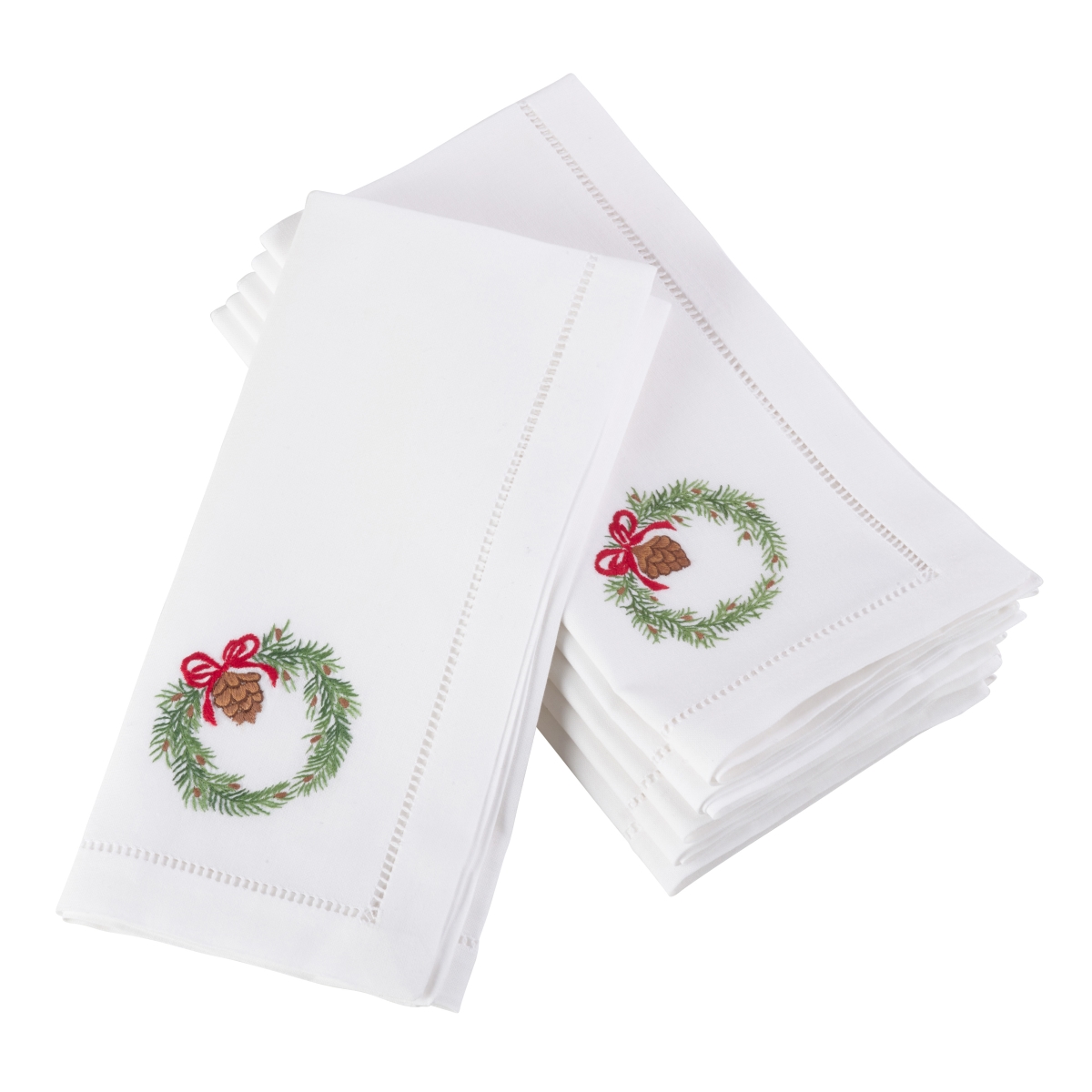 Picture of SARO NM106.W20S 20 in. Square Embroidered Wreath Christmas Holiday Hemstitched Border Cotton Napkin  White - Set of 6