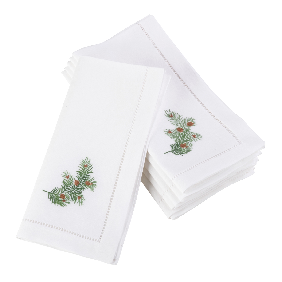 Picture of SARO NM107.W20S 20 in. Square Embroidered Pine Leaf Christmas Holiday Hemstitched Border Cotton Napkin  White - Set of 6
