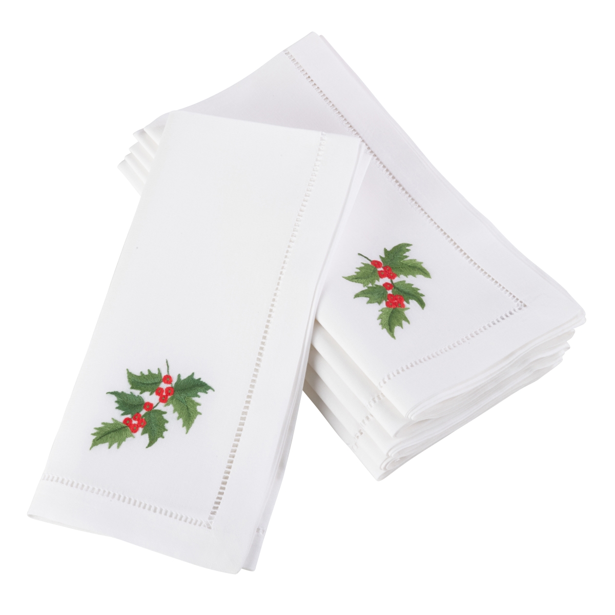 SARO NM108.W20S 20 in. Square Embroidered Holly Leaf Christmas Holiday Hemstitched Border Cotton Napkin  White - Set of 6