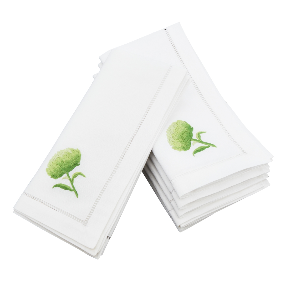 Picture of SARO NM117.W20S 20 in. Square Embroidered Artichoke Design Hemstitched Border Cotton Napkin  White - Set of 6