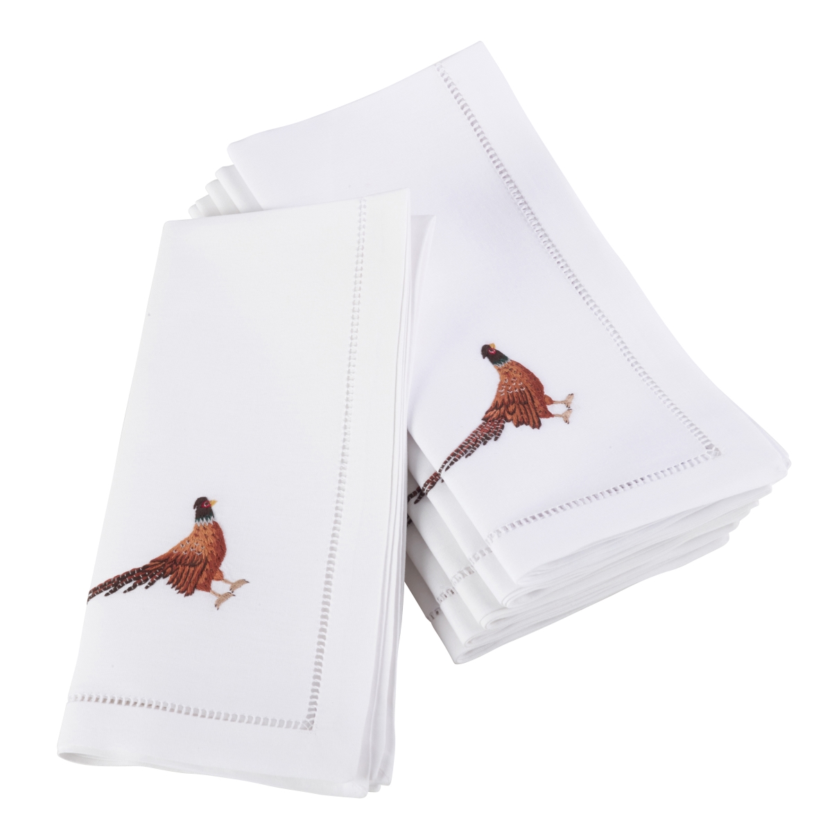 Picture of SARO NM118.W20S 20 in. Square Embroidered Pheasant Design Hemstitched Border Cotton Napkin  White - Set of 6