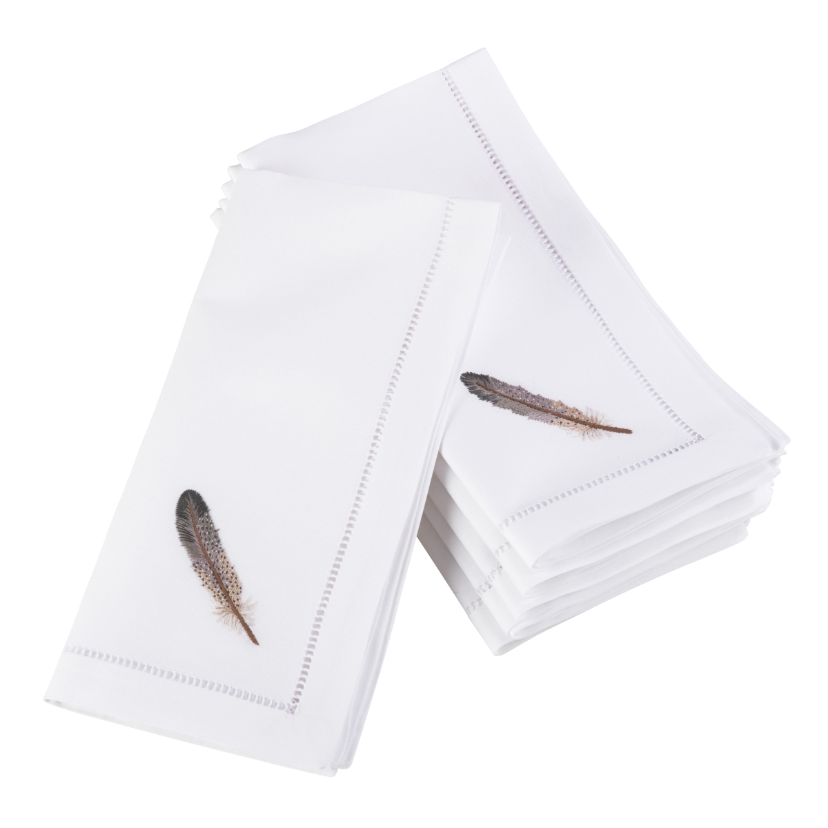SARO  20 in. Square Embroidered Gray Feather Design Hemstitched Border Cotton Napkin  White - Set of 6