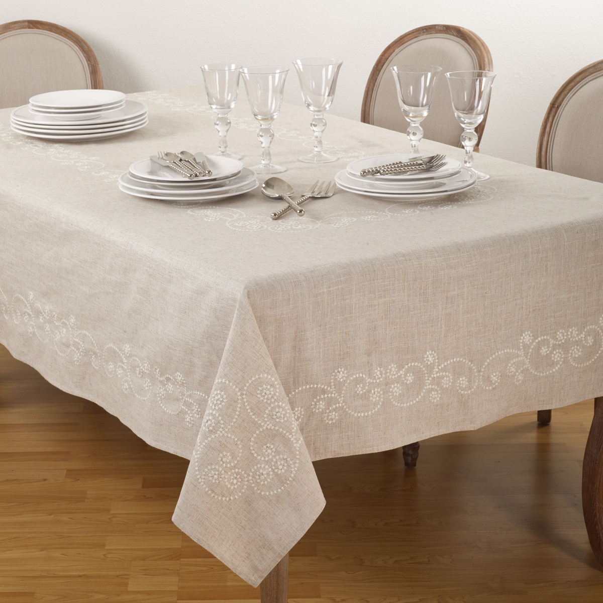 Picture of SARO 001.N67104B 67 x 104 in. Embroidered Swirl Design Simple Natural Linen Blend Tablecloth - Natural