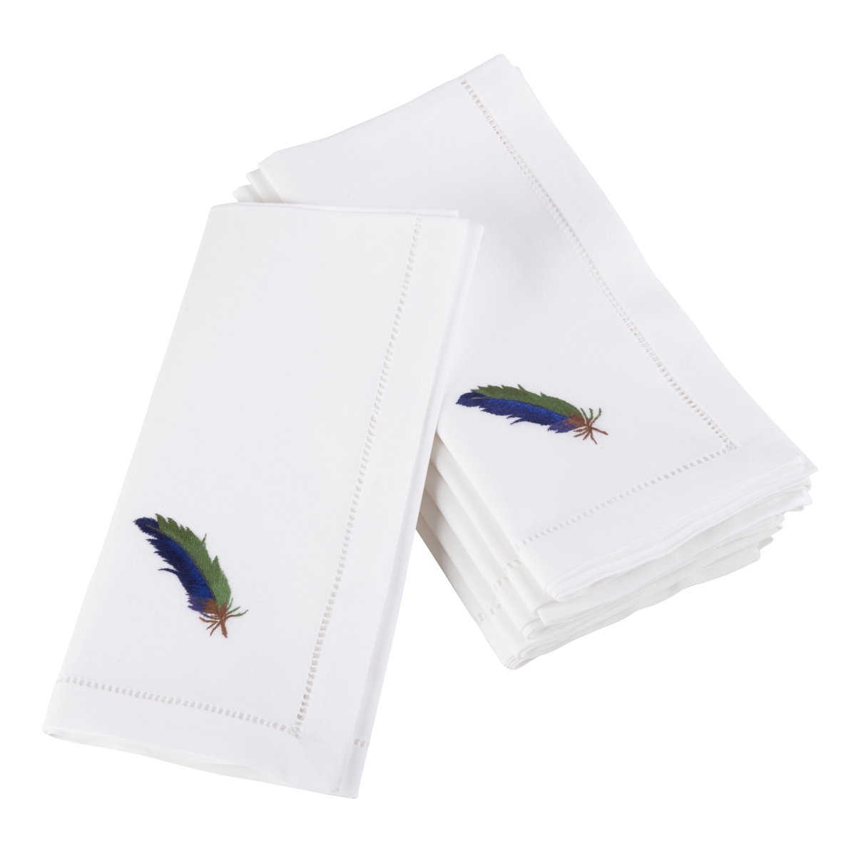 SARO  20 in. Square Embroidered Blue Feather Design Hemstitched Border Cotton Napkin  White - Set of 6