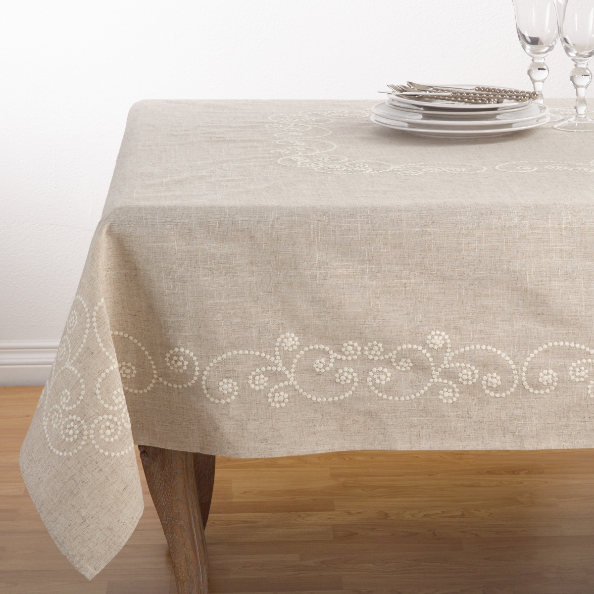 Picture of SARO 001.N67S 67 in. Embroidered Swirl Design Simple Natural Linen Blend Tablecloth - Natural