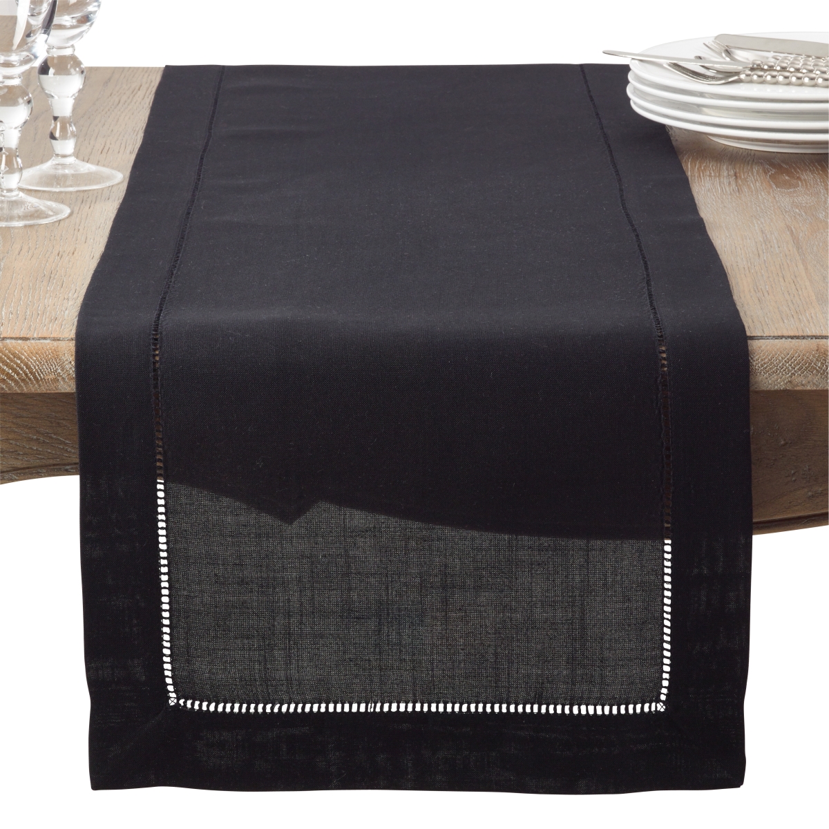 Picture of SARO 6304.BK1672B 16 x 72 in. Rectangle Classic Hemstitch Border Table Runner  Black
