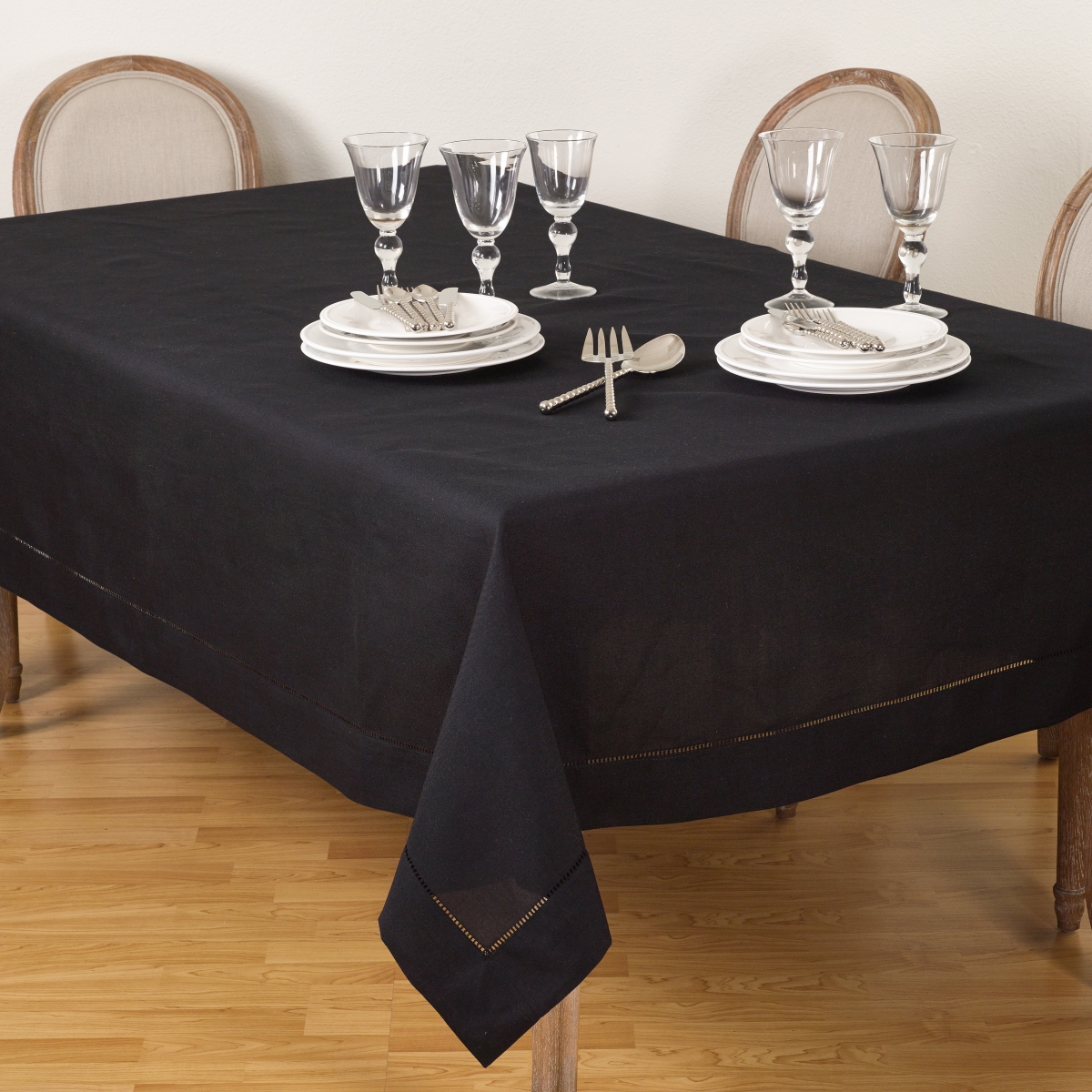 Picture of SARO 6304.BK70104B 70 x 104 in. Rectangle Classic Hemstitch Border Tablecloth  Black