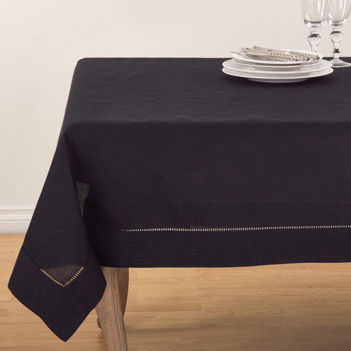 Picture of SARO 6304.BK90S 90 in. Square Classic Hemstitch Border Tablecloth  Black