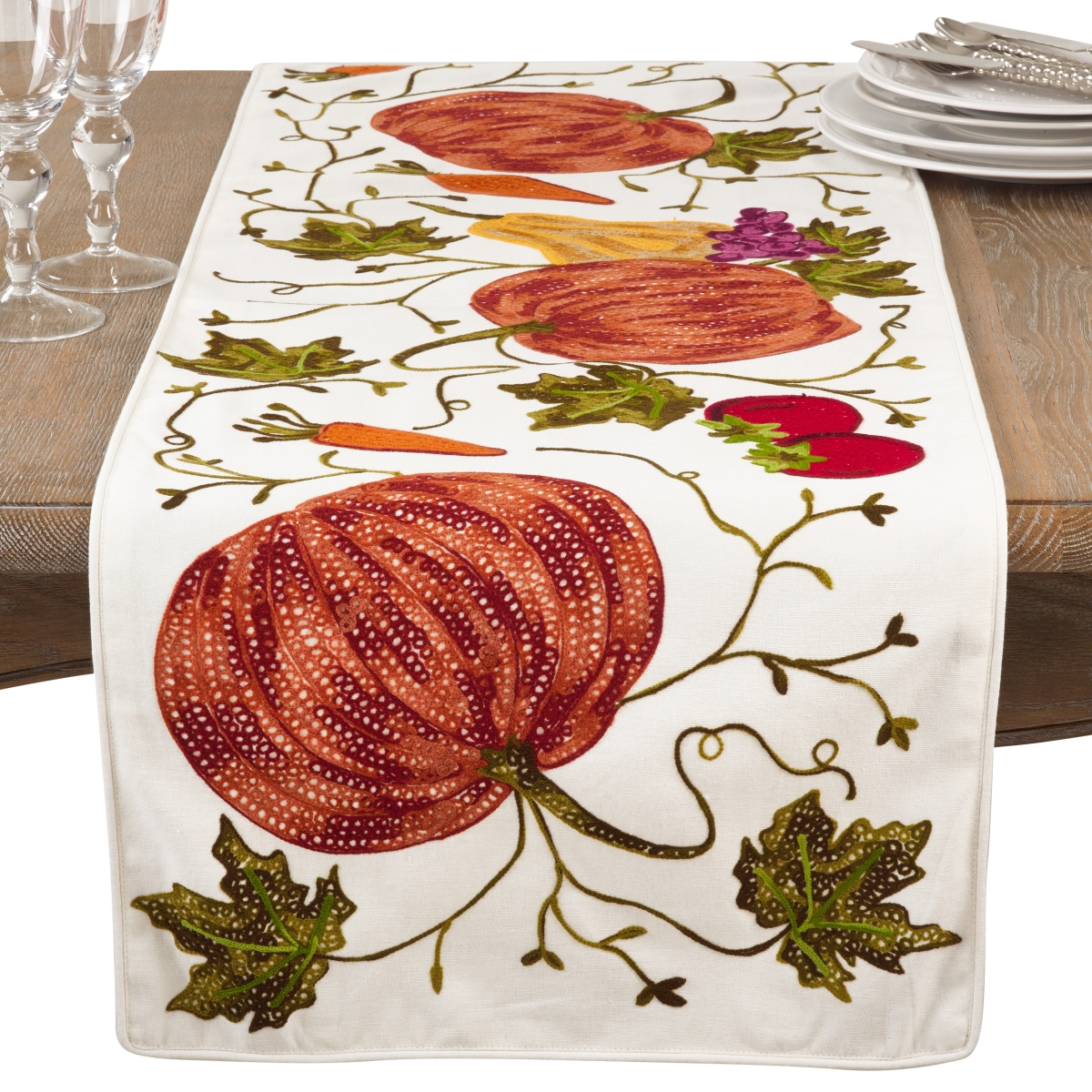 Picture of SARO 510.I1672B 16 x 72 in. Rectangle Embroidered Pumpkin Harvest Design Cotton Table Runner  Ivory