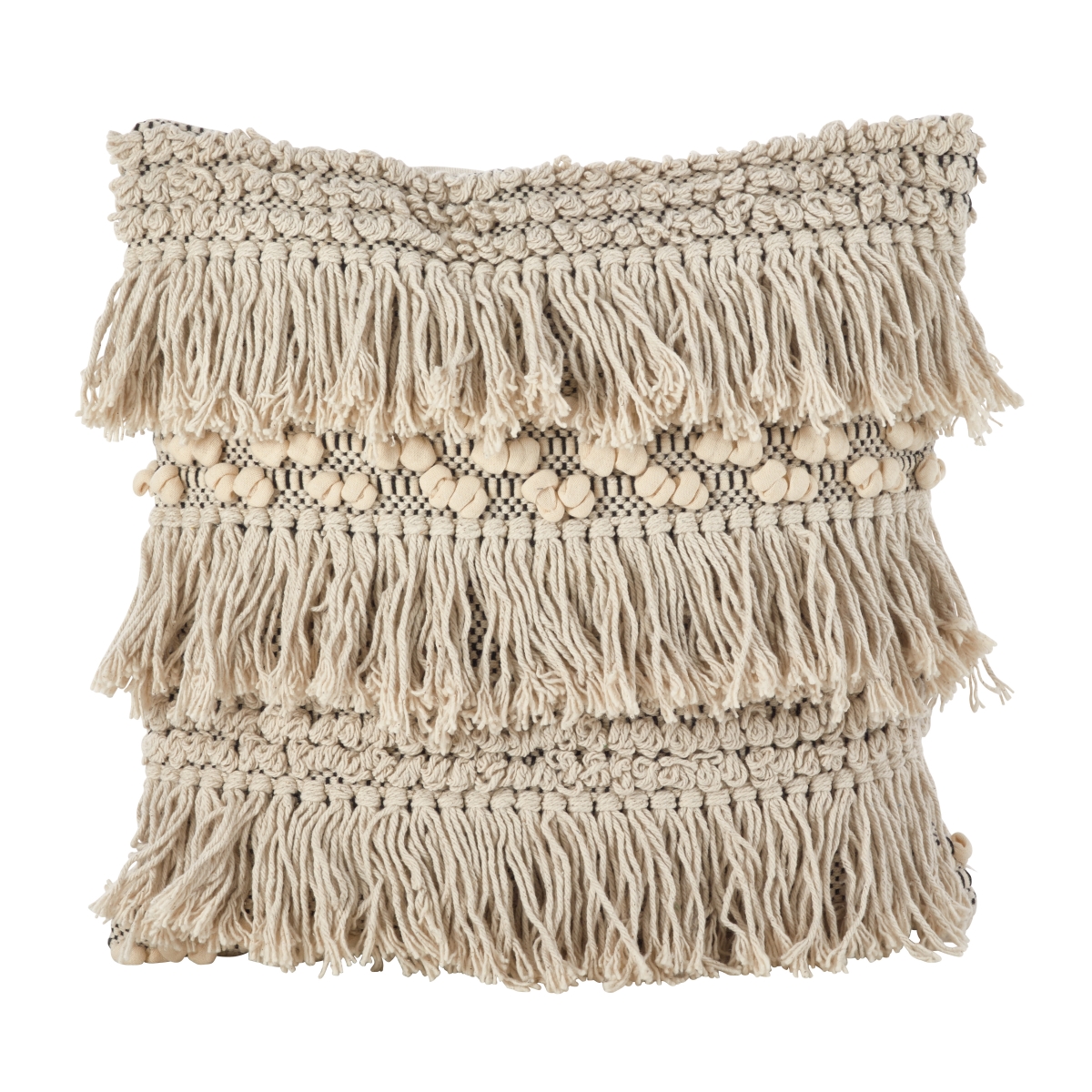 SARO  Moroccan Wedding Blanket Style Fringe Cotton Down Filled Throw Pillow - Ivory - 18 in.