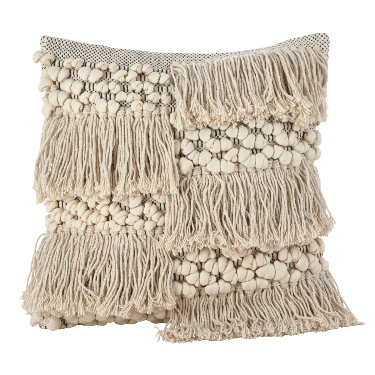 SARO  18 in. Square Moroccan Wedding Blanket Design Fringe Cotton Down Filled Throw Pillow  Ivory