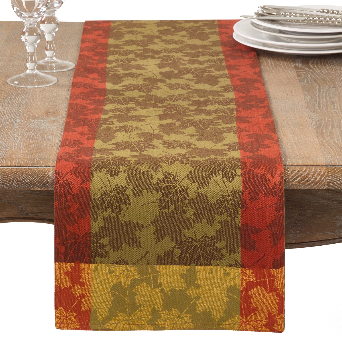 Picture of SARO 1221.M1372B 13 x 72 in. Rectangle Fall Foliage Autumn Leaves Design Jacquard Cotton Table Runner  Multi Color