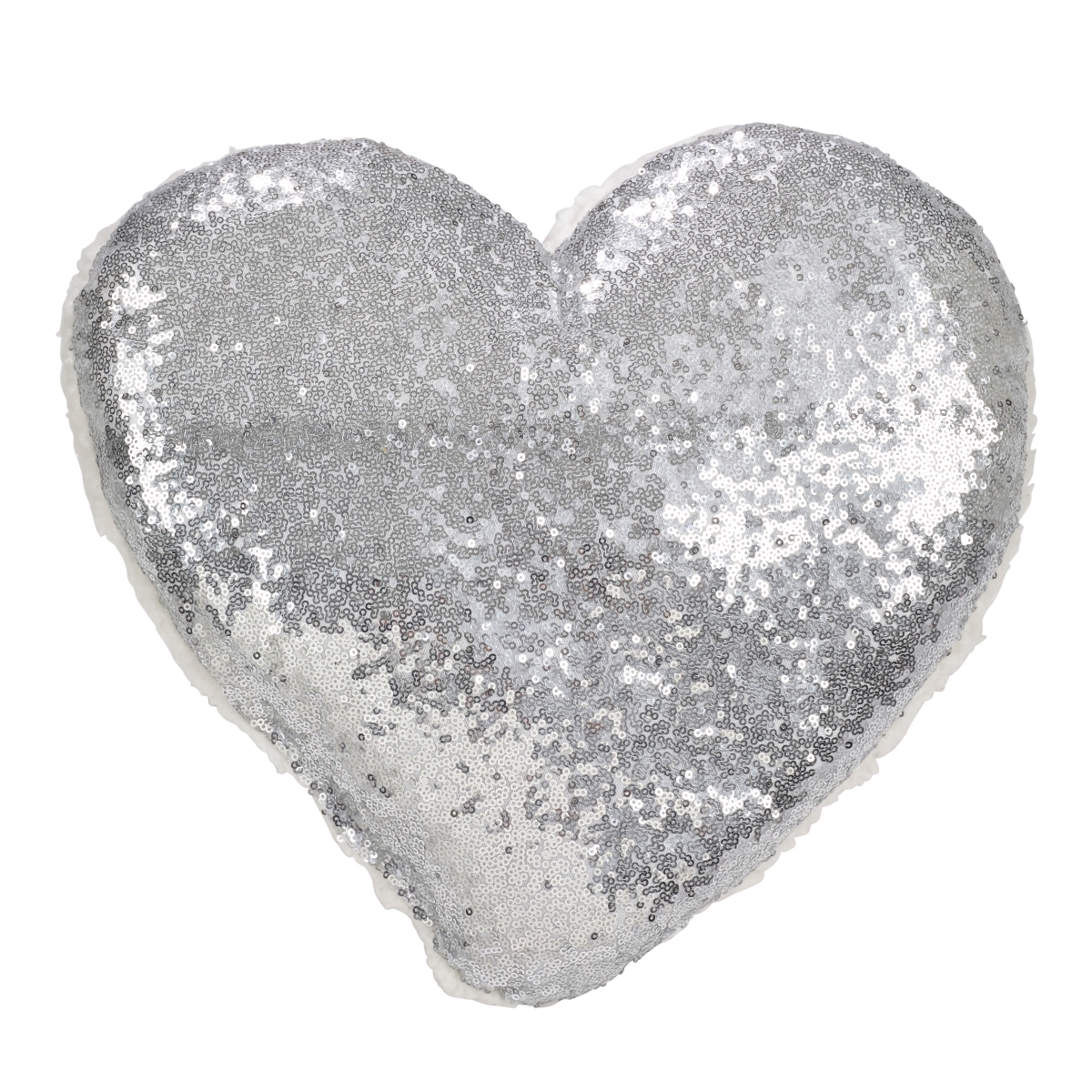 SARO  Heart Sequin Pillow - Silver - 13 x 14 in. - Soft Sherpa Fill