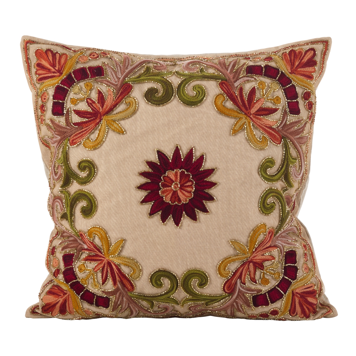 SARO  18 in. Square Embroidered Floral Design Beaded Cotton Poly Filled Throw Pillow  Multi Color